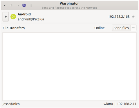 The Warpinator desktop application connected to an available peer